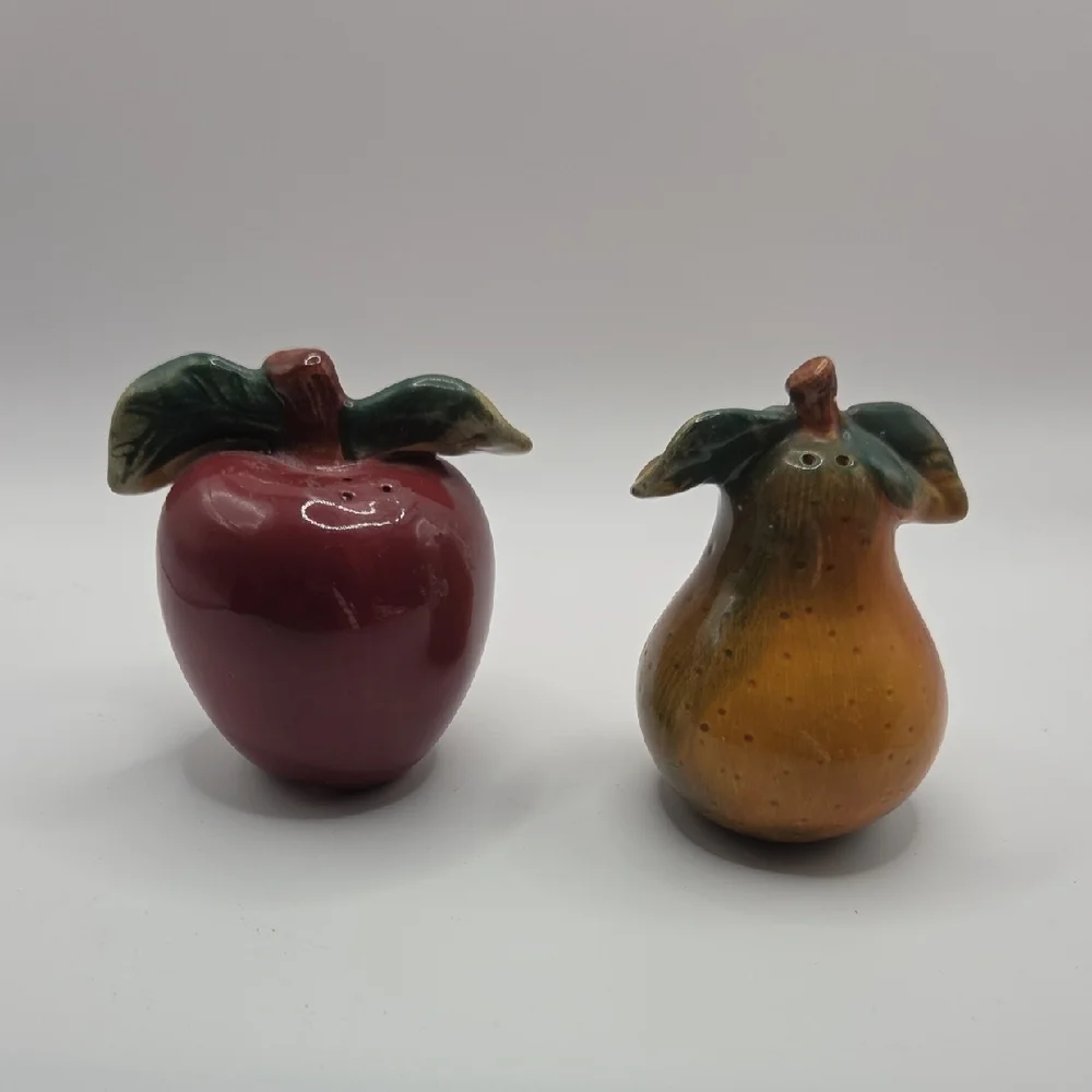 Salt And Pepper Shaker Sakura Red Apple and Brown Pear Ceramic Set